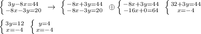 \left \{ {{3y-8x=44} \atop {-8x-3y=20}} \right. \; \to \; \left \{ {{-8x+3y=44} \atop {-8x-3y=20}} \right. \; \oplus \left \{ {{-8x+3y=44} \atop {-16x+0=64}} \right. \; \left \{ {{32+3y=44} \atop {x=-4}} \right. \\\\ \left \{ {{3y=12} \atop {x=-4}} \right. \; \left \{ {{y=4} \atop {x=-4}} \right.