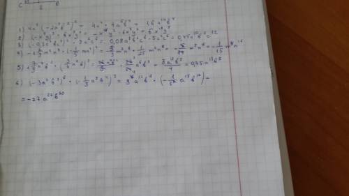 Выражение: 1)4a^4*(-2a^3b^2)^2 y)^3*6x^3 y^2 ,3a^4 bc^3)^2*5a^2 c^6 4)-1 2/3m^3 n^8*(- 1/5mn^4)^2 5)