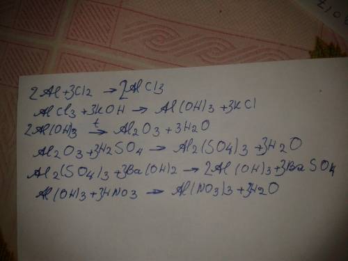 Здійснити перетворення /совершить превращение al-alcl3-al(oh)3-al2o3-al2(so4)3-al(oh)3-al(no3)3