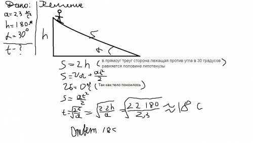 ﻿лыжник съезжает с вершины холма с ускорением 2,3 м/с². высота холма 180 м, а его уклон 30° (градусо