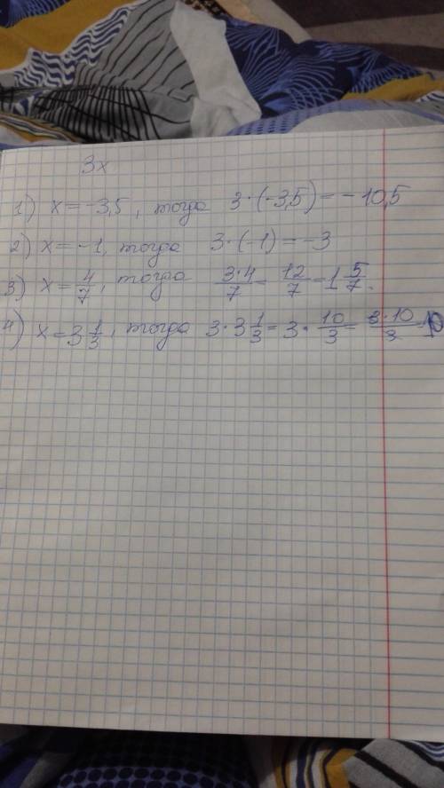 Найдите значеник выражения 3x, если: a)x=-3,5 б)x=-1 в)x=4/7 г)x= 3 целых 1/3