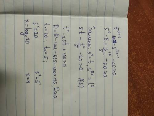 Напишите подроьно как решать: 5^x+1-5^2x-1-20> 0