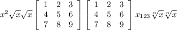 x^{2} \sqrt{x} \sqrt{x} \left[\begin{array}{ccc}1&2&3\\4&5&6\\7&8&9\end{array}\right] \left[\begin{array}{ccc}1&2&3\\4&5&6\\7&8&9\end{array}\right] x_{123} \sqrt[n]{x} \sqrt[n]{x}