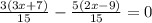 \frac{3(3x+7)}{15} - \frac{5(2x-9)}{15} = 0