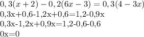 0,3(x+2)-0,2(6x-3)=0,3(4-3x)&#10;&#10;0,3x+0,6-1,2x+0,6=1,2-0,9x&#10;&#10;0,3x-1,2x+0,9x=1,2-0,6-0,6&#10;&#10;0x=0&#10;&#10;