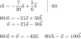 \vec m=-\dfrac 7{20}\vec a+\dfrac 56\vec b~~~~~~\bigg|\cdot 60\\\\60\vec m=-21\vec a+50\vec b\\~~~~~\vec n=-21\vec a-50\vec b\\\\60\vec m+\vec n=-42\vec a;~~~60\vec m-\vec n=100\vec b