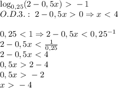 \log_{0,25}(2-0,5x)\ \textgreater \ -1\\O.D.3.:\;2-0,5x\ \textgreater \ 0\Rightarrow x\ \textless \ 4\\\\0,25\ \textless \ 1\Rightarrow2-0,5x\ \textless \ 0,25^{-1}\\2-0,5x\ \textless \ \frac1{0,25}\\2-0,5x\ \textless \ 4\\0,5x\ \textgreater \ 2-4\\0,5x\ \textgreater \ -2\\x\ \textgreater \ -4