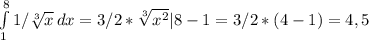 \int\limits^8_1 {1/ \sqrt[3]{x} } \, dx =3/2* \sqrt[3]{x^2} |8-1=3/2*(4-1)=4,5