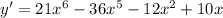 y'=21 x^{6} -36 x^{5}-12 x^{2} +10x