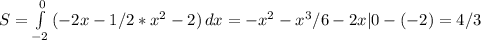 S= \int\limits^{0}_{-2} {(-2x-1/2*x^2-2)} \, dx =-x^2-x^3/6-2x|0-(-2)=4/3