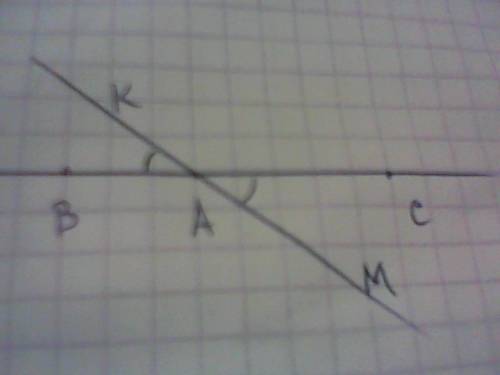 Нарисуйте прямую и отрезок bc на этой прямой. внутри отрезка bc отметьте точку a. нарисуйте угол bak