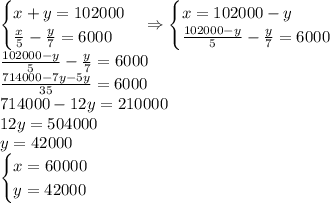 \begin{cases}x+y=102000\\\frac x5-\frac{y}7=6000\end{cases}\Rightarrow\begin{cases}x=102000-y\\\frac{102000-y}5-\frac{y}7=6000\end{cases}\\\frac{102000-y}5-\frac{y}7=6000\\\frac{714000-7y-5y}{35}=6000\\714000-12y=210000\\12y=504000\\y=42000\\\begin{cases}x=60000\\y=42000\end{cases}