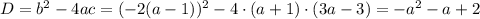 D=b^2-4ac=(-2(a-1))^2-4\cdot(a+1)\cdot(3a-3)=-a^2-a+2