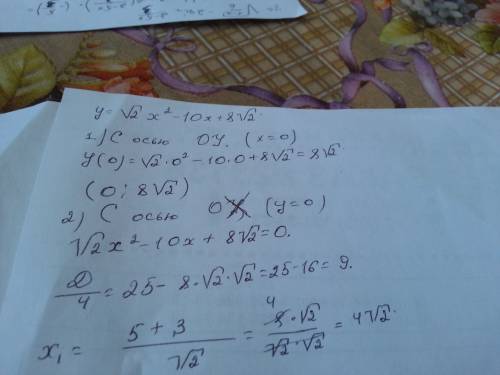 Найдите координаты точек пересечения графика функции y=√2*x^2-10x+8*√2 с осями координат. 9 класс