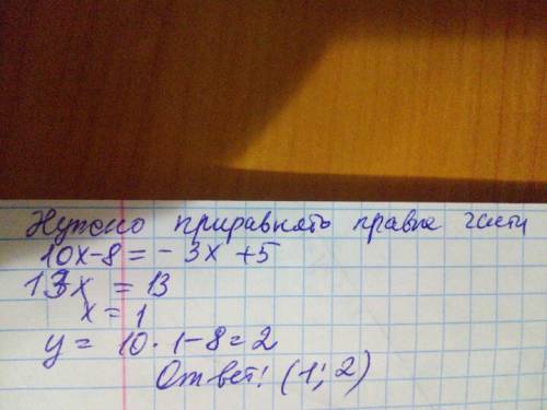 Найдите координаты точки пересечения графиков функции y=10x-8и y=-3x+5