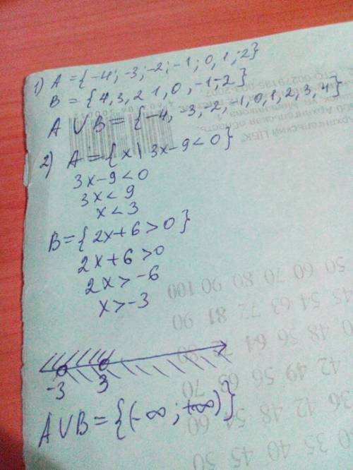 Найти объединение множеств а и в если: а= { -4,-3,-2,-1,0,1,2} и в= {4,3,2,1,0,-1,-2} а={хl 3х - 9 &