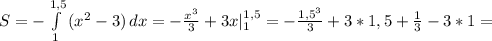 S= -\int\limits^{1,5}_1 {(x^2-3)} \, dx = -\frac{x^3}{3}+3x|_1^{1,5}=- \frac{1,5^3}{3}+3*1,5+ \frac{1}{3}-3*1=