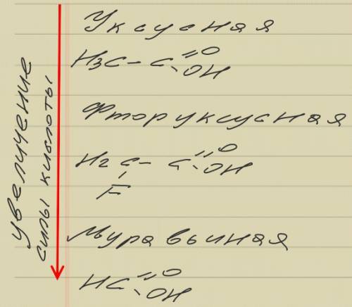 3. напишите формулы кислот : а) муравьиной б) уксусной в) фторуксусной расположите в порядке увеличе