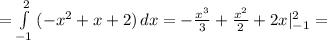 =\int\limits^2_{-1} {(-x^2+x+2)} \, dx =- \frac{x^3}{3}+ \frac{x^2}{2}+2x|_{-1}^2=