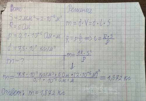 Кчему равна масса железного провода с поперечным сечением 2мм^2, если она предназначена для изготовл