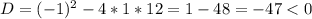 D=(-1)^2-4*1*12=1-48=-47