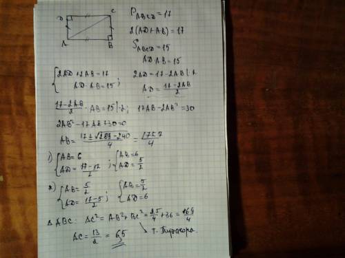 11 класс, периметр прямоугольника равен 17 см, а его площадь равна 15 см2. найдите диагональ этого п