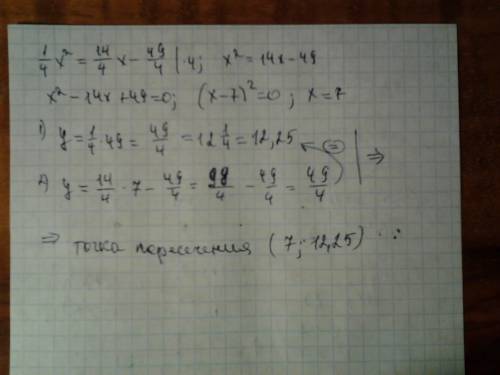 6. не выполняя построения, определите, пересекаются ли парабола y=1/4x^2 и прямая у=14/4 х-49/4 . ес