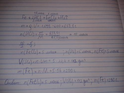 Провели реакцию железа с 600 мл hcl с массовой долей равной 20 % и плотностью 1,098 г/мл. какое коли