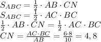 S_{ABC}=\frac12\cdot AB\cdot CN\\S_{ABC}=\frac12\cdot AC\cdot BC\\\frac12\cdot AB\cdot CN=\frac12\cdot AC\cdot BC\\CN=\frac{AC\cdot BC}{AB}=\frac{6\cdot8}{10}=4,8