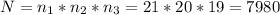 N= n_1*n_2*n_3=21*20*19=7980