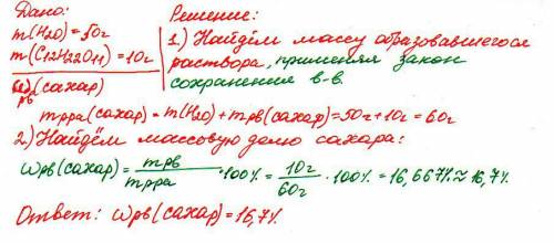 Вводе массой 50 г растворили сахар массой 10г какова массовая дрля сахара в полученном растворе