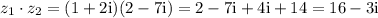 z_1\cdot z_2=(1+2\text{i})(2-7\text{i})=2-7\text{i}+4\text{i}+14=16-3\text{i}