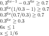 \displaystyle 0,3^{6x-1}-0.3^{6x} \geq 0.7&#10;&#10;0.3^{6x}(1/0.3-1) \geq 0.7&#10;&#10;0.3^{6x}(0.7/0.3) \geq 0.7&#10;&#10;0.3^{6x} \geq 0.3&#10;&#10;6x \leq 1&#10;&#10;x \leq 1/6