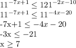 \displaystyle 11^{-7x+1} \leq 121^{-2x-10}&#10;&#10;11^{-7x+1} \leq 11^{-4x-20}&#10;&#10;-7x+1 \leq -4x-20&#10;&#10;-3x \leq -21&#10;&#10;x \geq 7