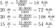 5 \ \frac{_M}{c} = \frac{5\cdot 3600}{1000} =18 \ \frac{_K_M}{\iota|} \\ 20 \ \frac{_M}{c} = \frac{20\cdot 3600}{1000} =72 \ \frac{_K_M}{\iota|} \\ 30 \ \frac{_M}{c} = \frac{30\cdot 3600}{1000} =108 \ \frac{_K_M}{\iota|} \\ 15 \ \frac{_M}{c} = \frac{15\cdot 3600}{1000} =54 \ \frac{_K_M}{\iota|}