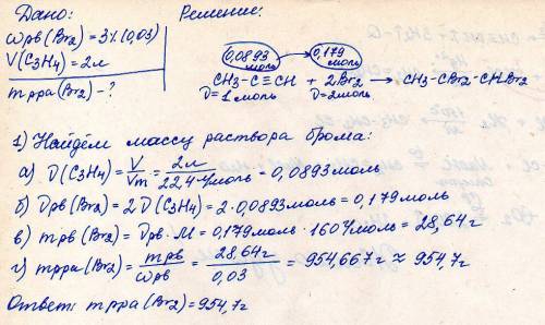 Какую массу бромной воды (массовая доля брома 3%) обесцветят 2л пропина?