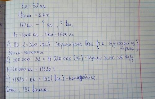 Масса одного метра рельса равна 32кг. сколько понадобится железнодорожных вагонов грузоподъёмностью