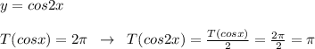 y=cos2x\\\\T(cosx)=2\pi \; \; \to \; \; T(cos2x)=\frac{T(cosx)}{2}=\frac{2\pi }{2}=\pi