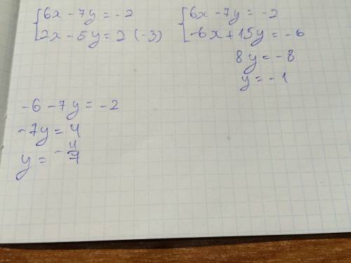 Решите методом сложения систему уравнений 6х - 7у = -2, 2х – 5у = 2. решите а потом отправьте