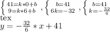 \left \{ {{41=k*0+b} \atop {9=k*6+b}} \right. , \left \{ {{b=41} \atop {6k=-32}} \right. , \left \{ {{b=41} \atop {k=- \frac{32}{6} }} \right. \\[tex]y=- \frac{32}{6} *x+41