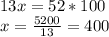 13x=52*100\\&#10;x= \frac{5200}{13} =400