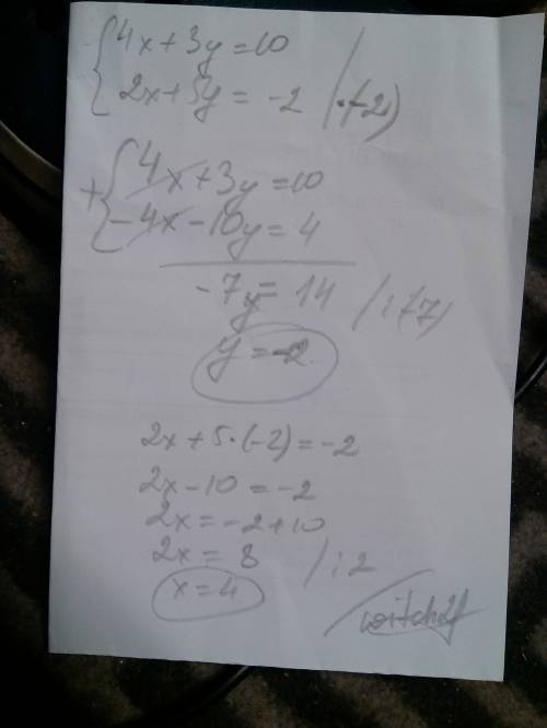 Решите систему уравнений 4x+3y=10 2x+5y=-2