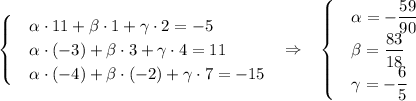 \begin{cases}&\text{}\alpha\cdot 11+\beta \cdot 1+\gamma\cdot 2=-5\\&\text{}\alpha \cdot (-3)+\beta \cdot 3+\gamma \cdot 4=11\\&\text{}\alpha\cdot(-4)+\beta\cdot(-2)+\gamma\cdot 7=-15\end{cases}~~\Rightarrow~~\begin{cases}&\text{}\alpha =-\dfrac{59}{90}\\&\text{}\beta=\dfrac{83}{18}\\&\text{}\gamma=-\dfrac{6}{5}\end{cases}