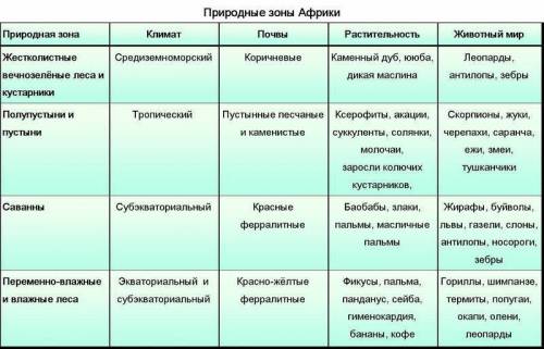 Составление описательной характеристики природных зон африки таблица