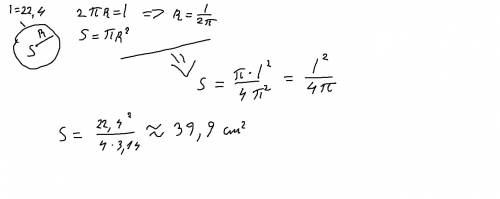 Начерти окружность ,длина которой 22,4 см. (результаты вычислений округли до десятых.) вычисли площа