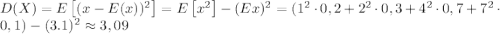 D(X) = E\left[(x - E(x))^2\right] = E\left[x^2\right] - (Ex)^2 = (1^2 \cdot 0,2 + 2^2 \cdot 0,3 + 4^2 \cdot 0,7 + 7^2 \cdot 0,1) - (3.1)^2 \approx 3,09