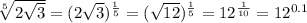 \sqrt[5]{2\sqrt{3}} = (2\sqrt{3})^{\frac{1}{5}} = (\sqrt{12})^{\frac{1}{5}} = 12^\frac{1}{10} = 12^{0.1}