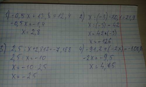 1) -0,5х+ 13,8=12,4 2) х÷(-3)-20,1= - 21,9 3) 2,5÷х+2,812= -7,188 4) -91,2+(-2х)=-100,7