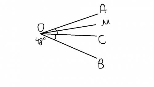 Угол аов равен 48°. луч ос-биссектриса угла аов, луч ом-биссектриса угла аос . найдите величину угла