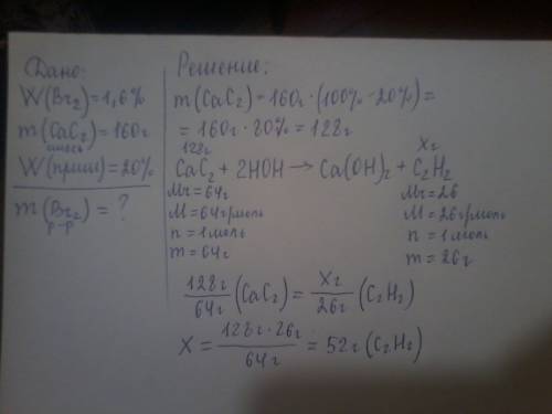 Какую массу бромной воды с массовой долей брома 1,6% обесцветит ацетилен,полученный из 160г карбида